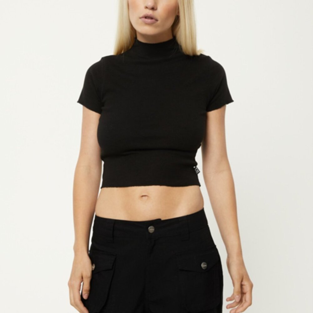 BNWT Afends - Iconic - Women's Black Hemp Ribbed High Neck Crop Top T-Shirt